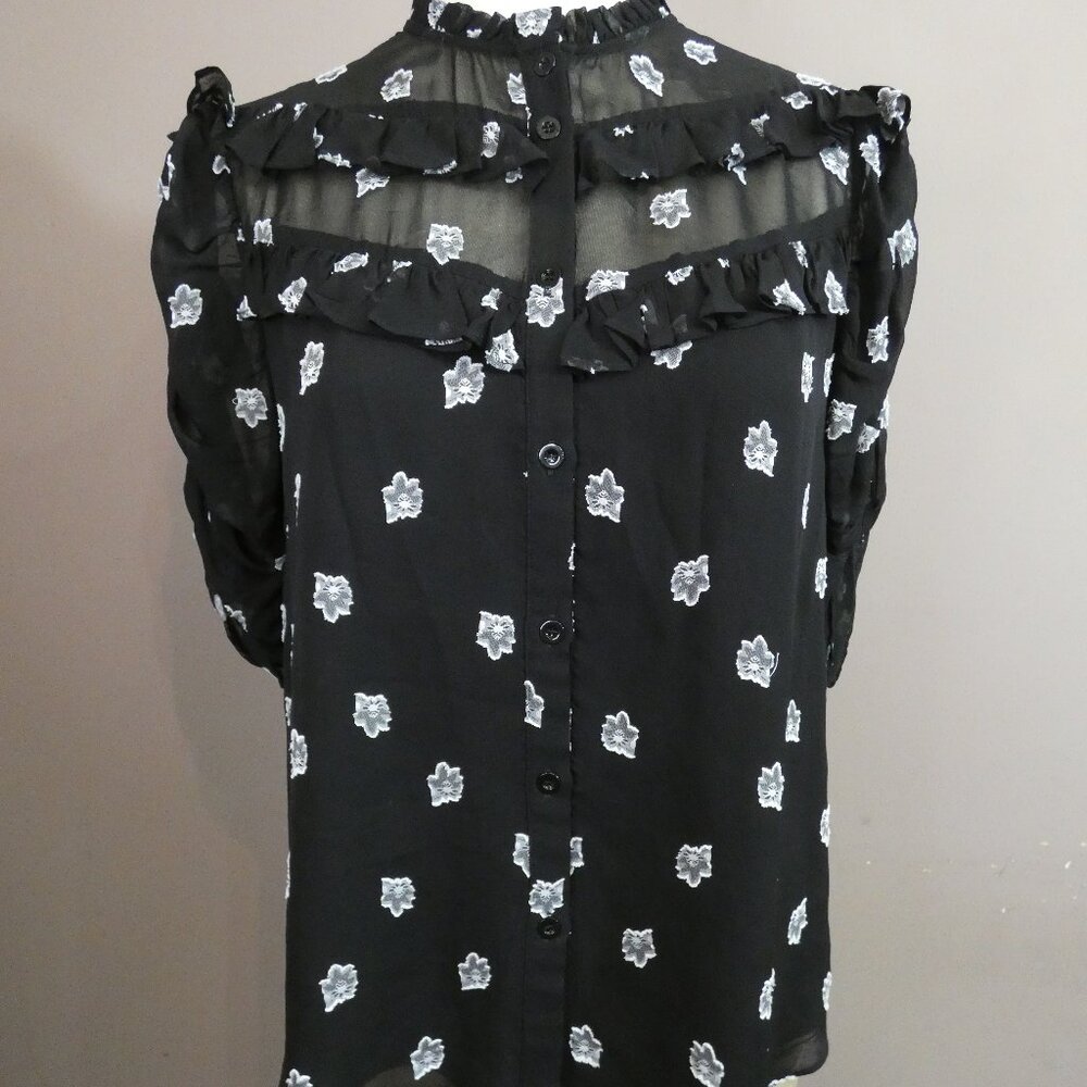 Shoshanna Women's M Terra Top Black Semi Sheer Floral Button Up Ruffle Detail - Picture 11 of 11